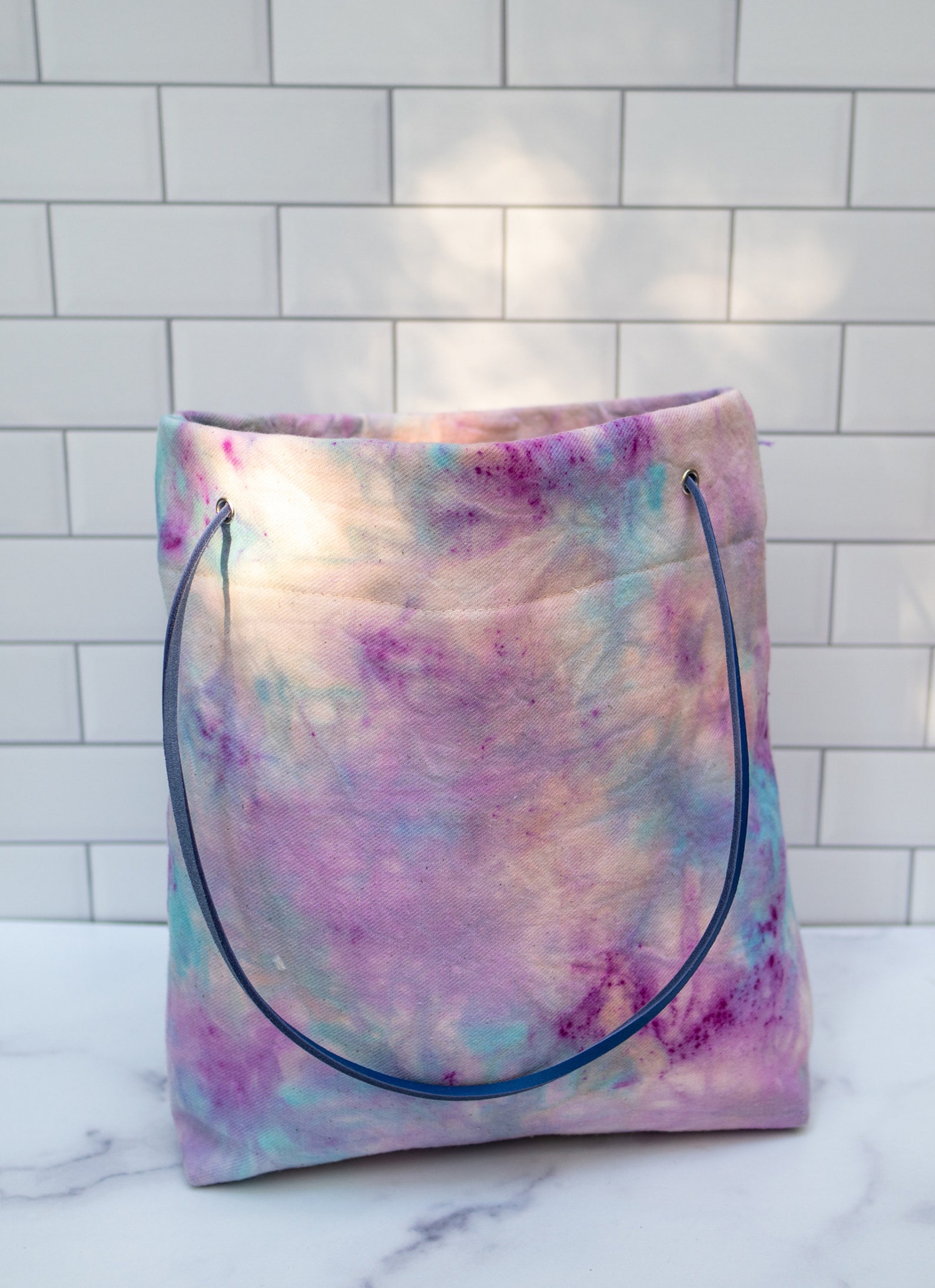 Purple and Blue Tie Dye Tote Bag with Leather Handles Canvas Etsy