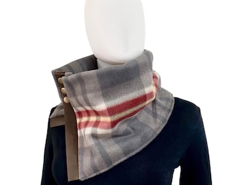 Plaid fleece lined winter cowl neck warmer with snaps, leather snap neck scarf wrap, snap button neck gaiter, windproof neck wrap
