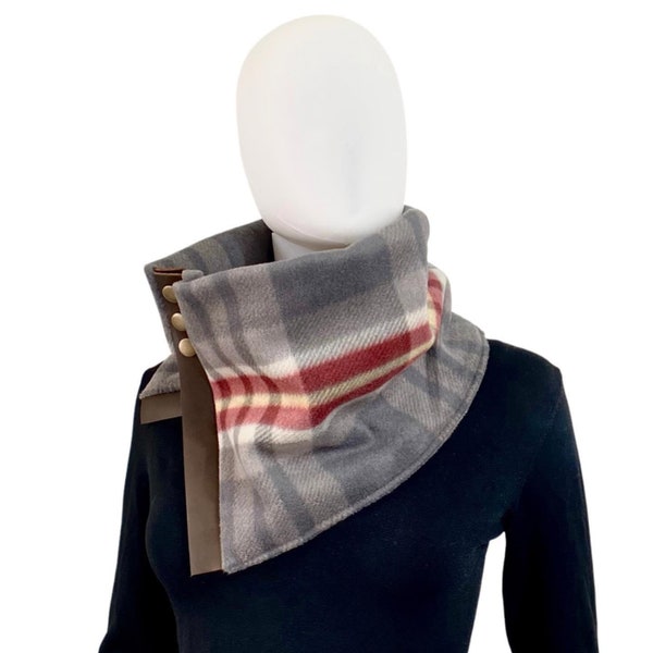 Plaid fleece lined winter cowl neck warmer with snaps, leather snap neck scarf wrap, snap button neck gaiter, windproof neck wrap