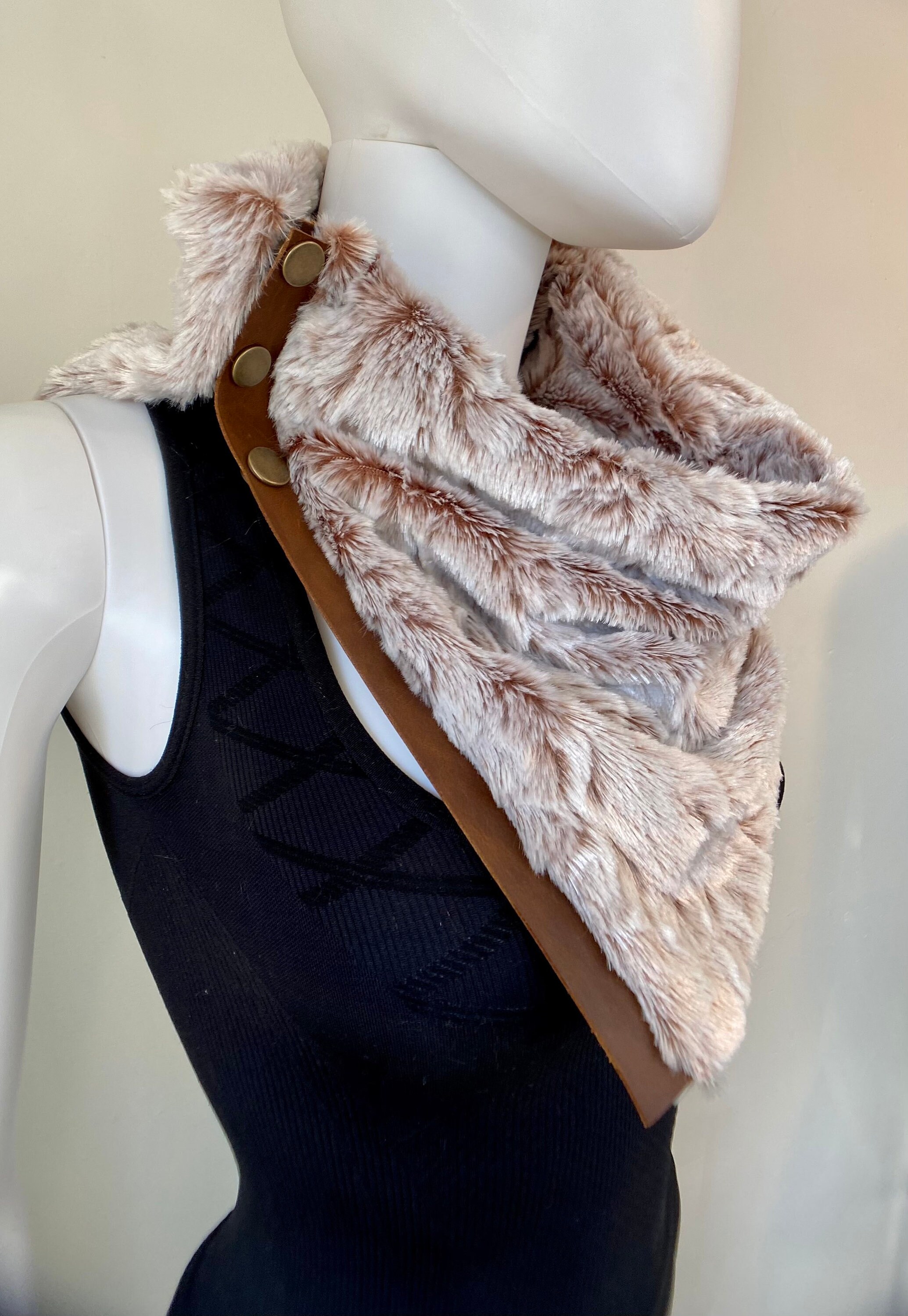 Tan Faux Fur Snap Cowl Scarves Leather Scarf Womens Scarf Etsy