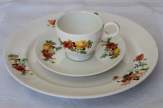 Homer Laughlin Poppy and Rose Pattern Plate Teacup and Saucer