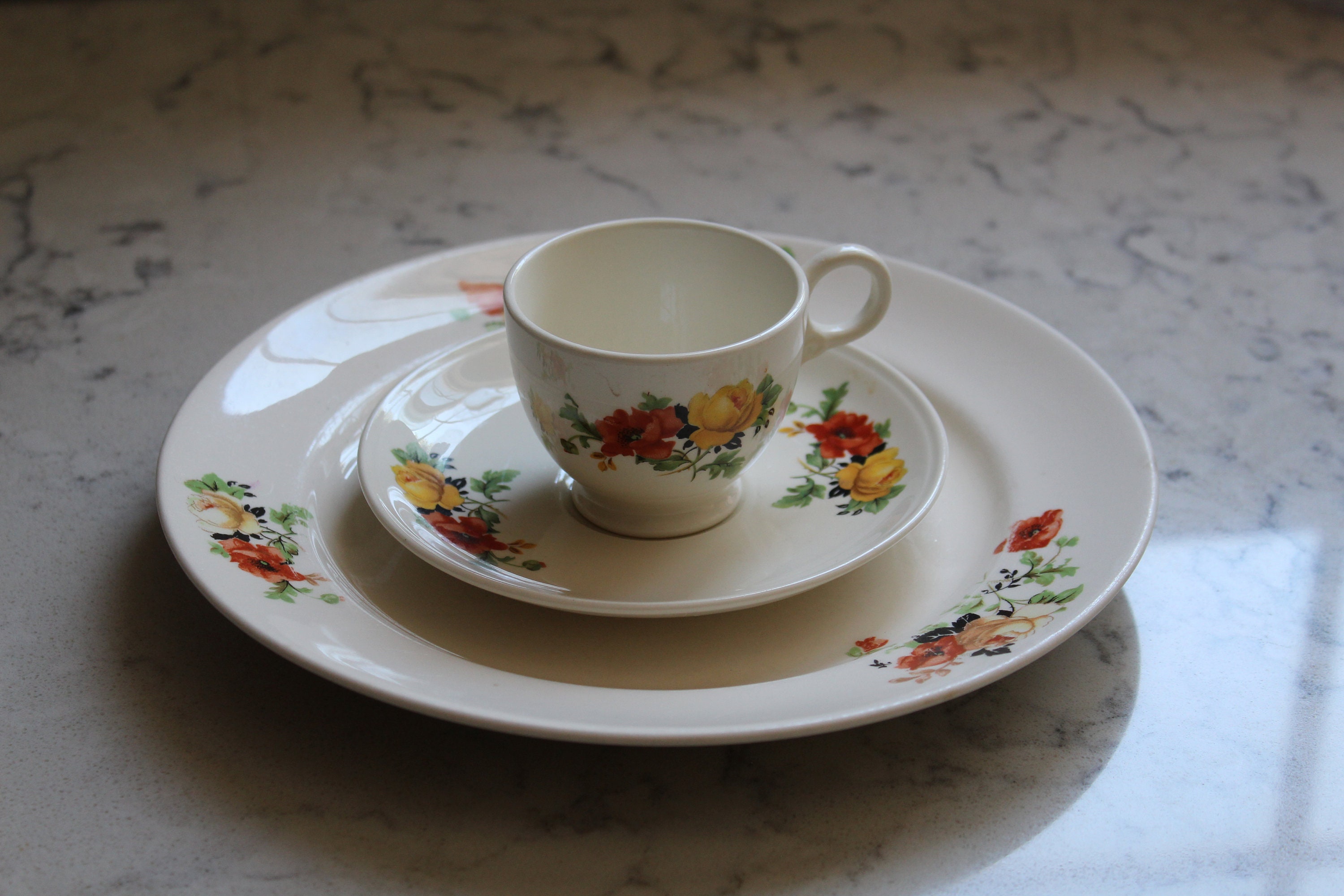 Mix and Match Vintage Dishes Homer Laughlin Skytone bluemont Pattern Pink  and White Floral Red on Black Green Branch Plates Bowls C. 1950s 