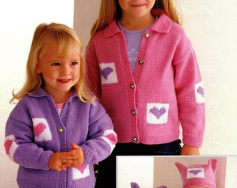 0036 Knitting Girls Heart Motif Cardigan & Hat 1-8yrs DK - Vintage Pattern Copy PDF Instant Download