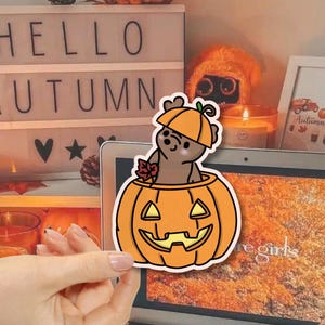 May include: A die-cut vinyl sticker featuring a brown bear wearing a small orange pumpkin hat, sitting inside a larger carved orange jack-o'-lantern pumpkin. The bear is holding a small red autumn leaf in one paw. The sticker has a white border.