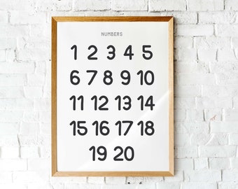 May include: A framed poster with the word "NUMBERS" at the top and the numbers 1 through 20 listed in rows.