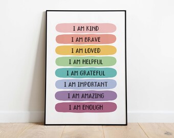 Rainbow Affirmations Wall Art, Classroom Posters, I am Kind Brave Loved, Positive Affirmations poster, Homeschool Decor, DIGITAL DOWNLOAD