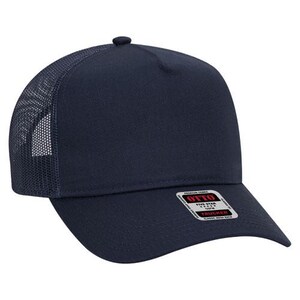 May include: A navy blue trucker hat with a mesh back panel. The hat has a curved brim and a white label with the text "OTTO FIVE STAR TRUCKER" in red.