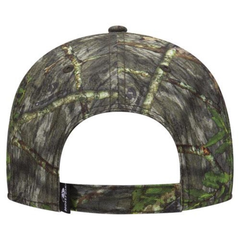 May include: A camouflage baseball cap with a curved brim. The cap features a pattern of brown, green, and tan, resembling a forest. The back of the cap has an adjustable strap. A small black tag with white text is visible.