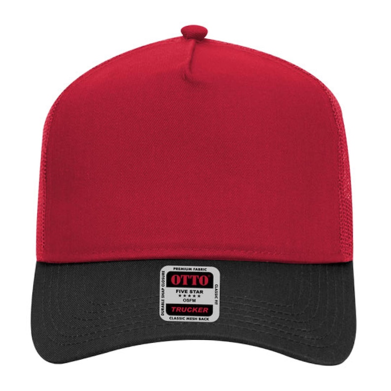 May include: A red and black trucker hat with a mesh back. The hat features a red front panel and a black brim. The hat has a snap closure and a small tag that reads "OTTO TRUCKER CLASSIC MESH BACK".
