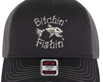 Fishbone Embroidered Hat-Black 5 Panel Structured-Trucker Hat-Front Panel Embroidery-Bitchin Fishin