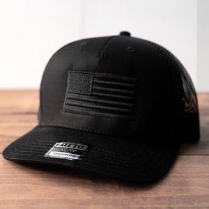 Black Trucker Cap with Black American Flag Embroidery