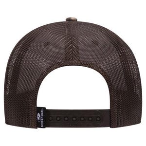 Op de afbeelding: Een bruine en zwarte mesh baseballcap met een Mossy Oak-logo aan de zijkant. De cap heeft een verstelbare band aan de achterkant.