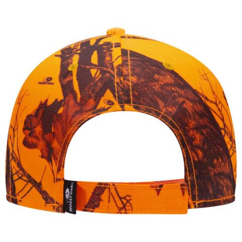 May include: Orange baseball cap with a camouflage pattern in shades of brown and black. The cap features a curved brim and an adjustable strap at the back. The Mossy Oak logo is visible on the side.