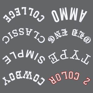 May include: A gray background with various white text designs, including "COLLEGE", "AMMO", "CLASSIC", "OLD ENGLISH", "SIMPLE", "TYPE", "COWBOY", "COLOR", and the number "2". The word "COLOR" is in red with a white outline.