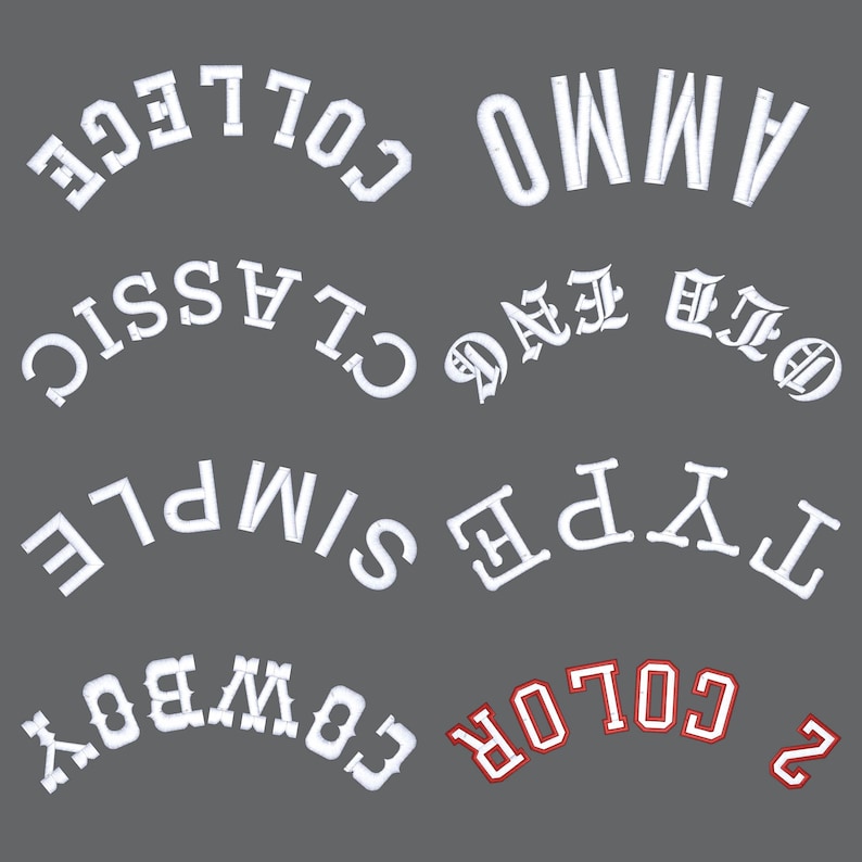 May include: A gray background with various white text designs, including "COLLEGE", "AMMO", "CLASSIC", "OLD ENGLISH", "SIMPLE", "TYPE", "COWBOY", "COLOR", and the number "2". The word "COLOR" is in red with a white outline.
