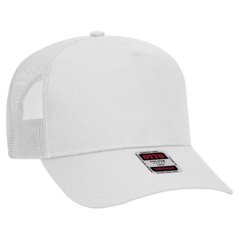 May include: White trucker hat with a mesh back and a black label that says "OTTO FIVE STAR TRUCKER CLASSIC MESH BACK".