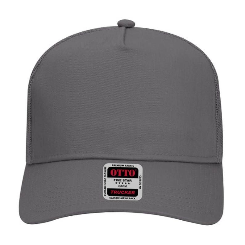 May include: A gray trucker hat with a mesh back and a curved brim. The hat features a snap closure and a small tag with the brand name "OTTO" and the text "FIVE STAR OSFM TRUCKER CLASSIC MESH BACK".