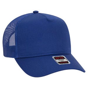 May include: A royal blue trucker hat with a mesh back panel. The hat has a curved brim and a classic snap closure. The hat has a small label on the front that says "OTTO FIVE STAR TRUCKER CLASSIC HOOK BACK".