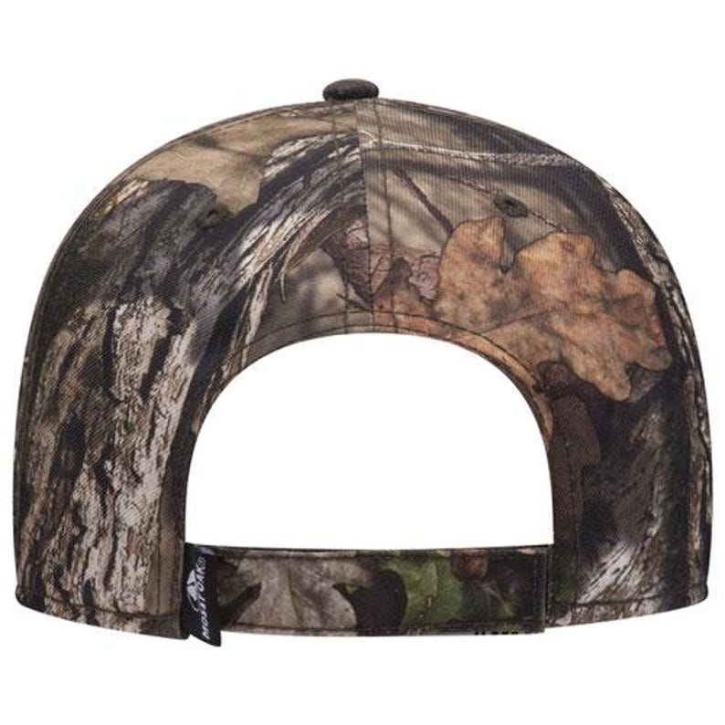 May include: A camouflage baseball cap with a curved brim. The cap features a pattern of brown, green, and tan, resembling a forest. The back of the cap has an adjustable strap and a small black tag with white text.