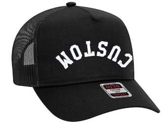 Young Adult Custom Embroidered Trucker Hat: Upside Down Arc Text, 5 Panel
