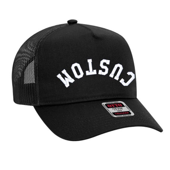 Young Adult Custom Embroidered Trucker Hat: Upside Down Arc Text, 5 Panel