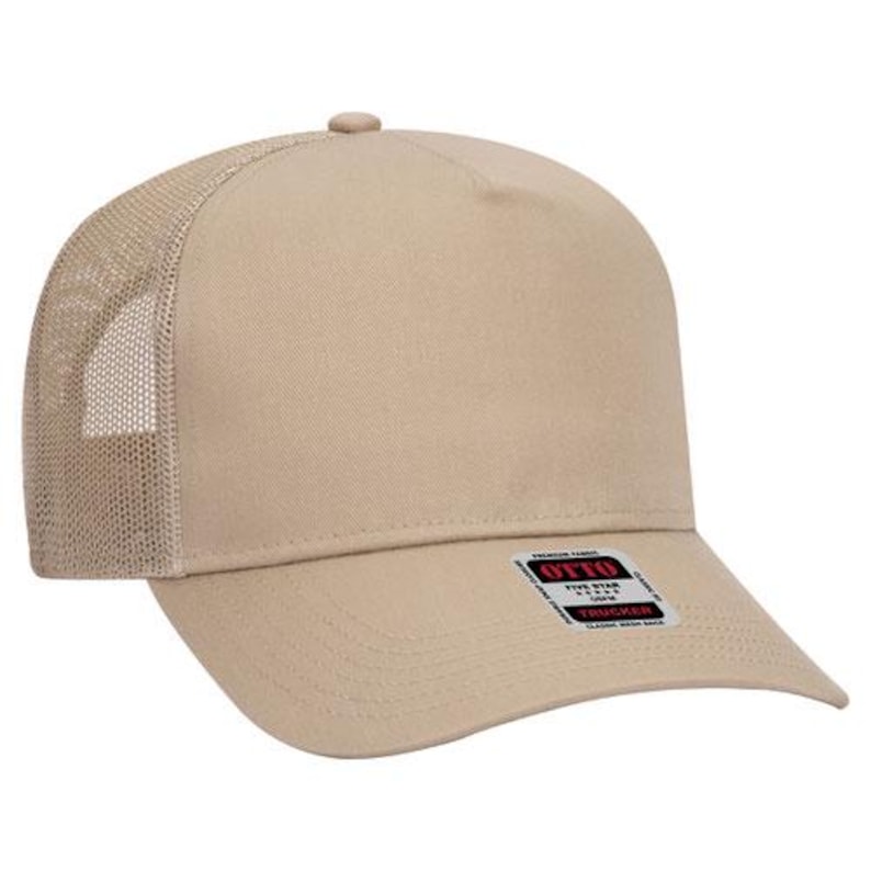 May include: A beige trucker hat with a mesh back panel. The hat has a black label with the text "OTTO FIVE STAR TRUCKER" in red.
