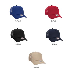 May include: Five different coloured trucker hats with mesh back panels. The hats are in the colours royal blue, red, black, navy blue, and khaki.