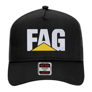 May include: Black trucker hat with white "FAG" text and a yellow triangle logo. The hat has a mesh back and a curved brim. The hat also has a small tag that says "OTTO" and "TRUCKER".