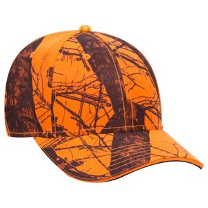 May include: An orange and brown camouflage baseball cap. The cap features a curved brim and a button on top. The pattern resembles tree branches and foliage, creating a hunting or outdoor theme. The cap is made of a durable fabric.