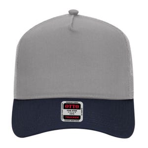 Custom Embroidered Upside Down Text Trucker Hat 16. Navy/Gray