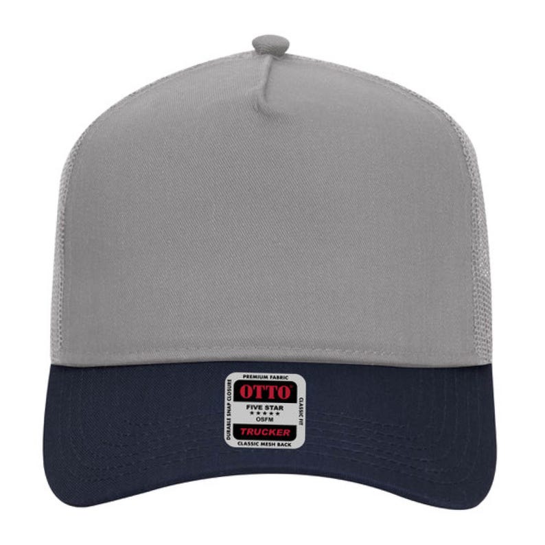 Custom Embroidered Upside Down Text Trucker Hat 16. Navy/Gray