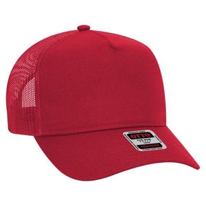 May include: A red trucker hat with a mesh back. The hat has a black label with the text "OTTO FIVE STAR TRUCKER" on it.