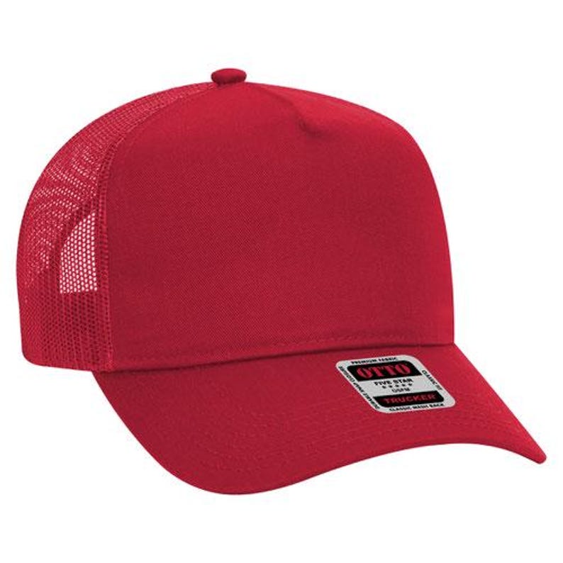 May include: A red trucker hat with a mesh back. The hat has a black label with the text "OTTO FIVE STAR TRUCKER" on it.