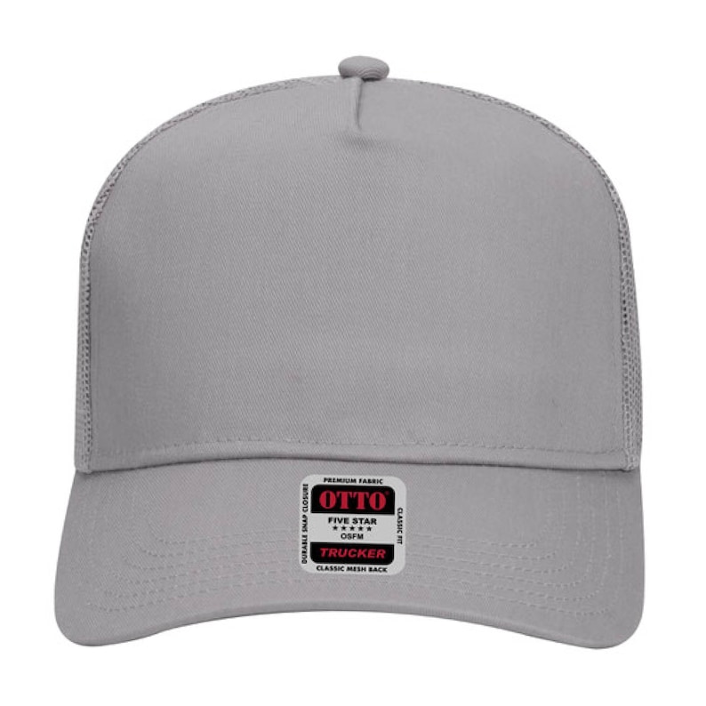 May include: A gray trucker hat with a mesh back and a curved brim. The hat features a snap closure and a patch with the text "OTTO FIVE STAR OSFM TRUCKER CLASSIC MESH BACK". The hat is made of premium fabric.