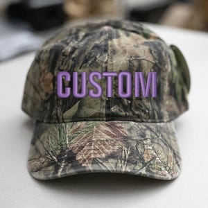 Custom Embroidered Hat-Mossy-Oak2-Camo Hat-Unstructured Cotton Light Purple Thread