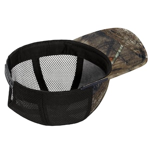 May include: A black and brown camouflage baseball cap with a mesh back. The cap has a curved brim and a black adjustable strap.