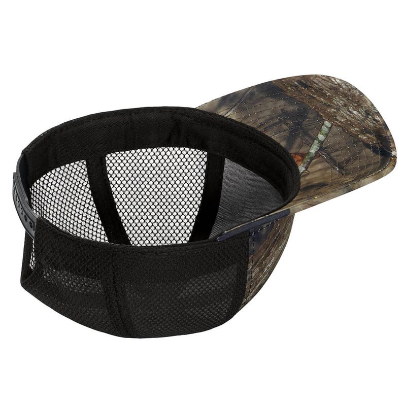 May include: A black and brown camouflage baseball cap with a mesh back. The cap has a curved brim and a black adjustable strap.