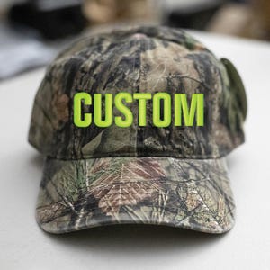 Custom Embroidered Hat-Mossy-Oak2-Camo Hat-Unstructured Cotton Lime Green Thread