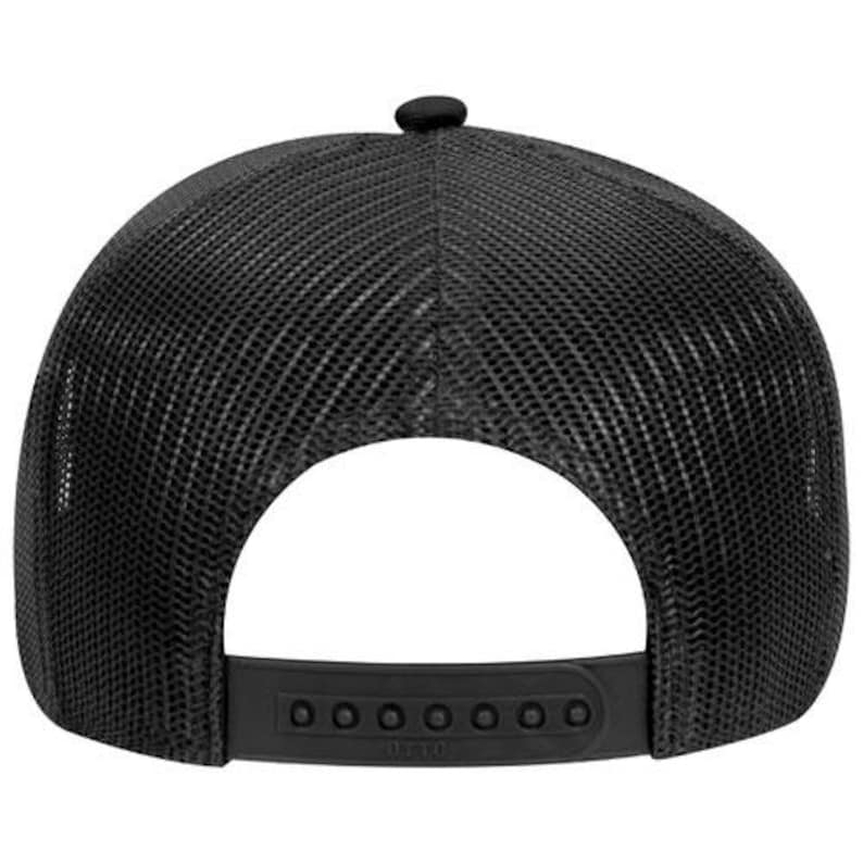 May include: Black trucker hat with a mesh back and a curved brim. The hat features a snapback closure for adjustable sizing. The crown has a small button on top. The hat is made of a durable material.