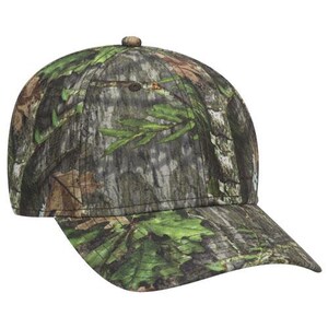 May include: A camouflage baseball cap with a curved brim. The cap features a pattern of green leaves, brown branches, and gray bark, creating a woodland camouflage design. The cap has a button on top.