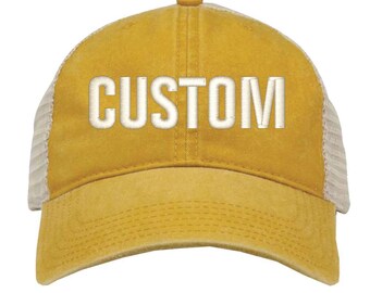 Chapeaux brodés personnalisés JAUNE MOUTARDE, effet vieilli, déstructuré, lavé en pièce