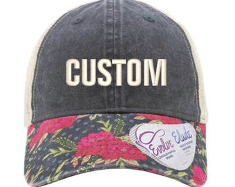 Chapeau délavé floral vintage-queue de cheval-broderie personnalisée