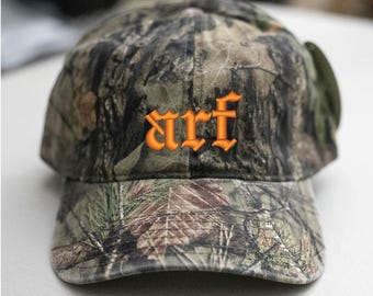 Gorra de camionero vintage con diseño de camuflaje de roble musgoso, sin estructura, con mensaje de banda de metal arf