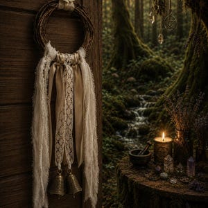 Rustic Witch Bells Wall Hanging | Pagan Woodland Door Charm, Lace, Pentacle Decor