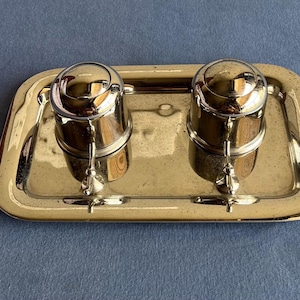 Vintage tweedehands verchroomde dubbele inktpot met pennenhouder