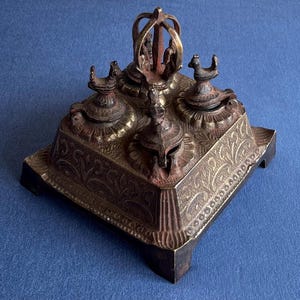 vintage preowned Indian heavy solid brass footed peacock inkwell