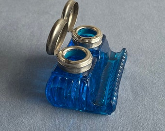 Vintage preowned pressed blue glass double well inkpot/ desktop accessories