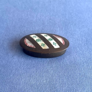 Vintage preowned oval shape brass and mother of pearl snuff box / pill box