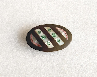 Caja ovalada de latón antiguo con incrustaciones de nácar para pastillas, joyero geométrico de recuerdo.