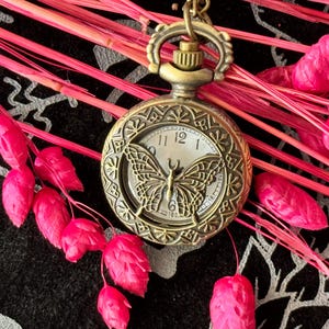 Butterfly Quartz Pocket Watch, Wicca Watch, Butterfly Watch Necklace